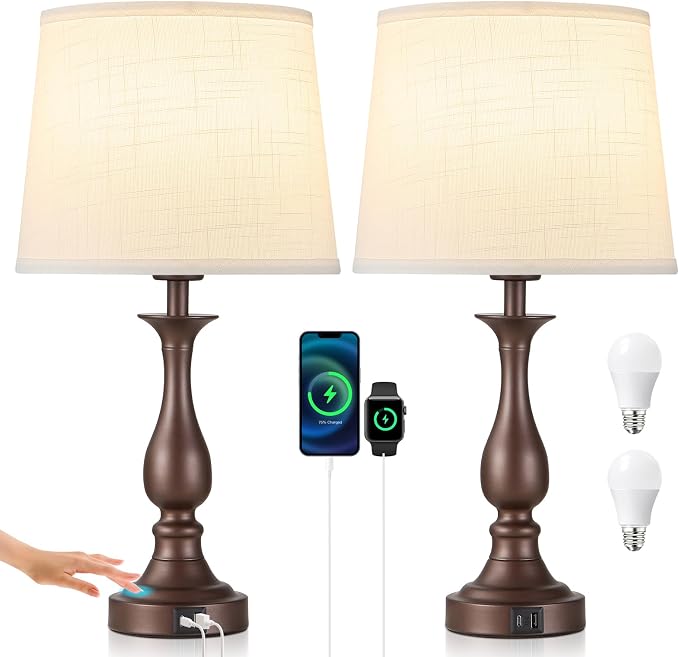 Bedside Table Lamp Touch Control Bedroom Lamps with USB A + C Charging Port 3 Way Dimmable Touch Lamps for Nightstand Living Room Bedroom Dorm Home Office Reading, Set of 2 (White Shade & Brown Base)