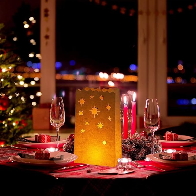 White Paper Luminary Bags - 50-Pack Candle Lantern Bags, Fire-Retardant, Star Luminaries for Christmas, Weddings, Birthday Party Valentine's Day Decoration, 5.9 x 10 x 3.5 Inches