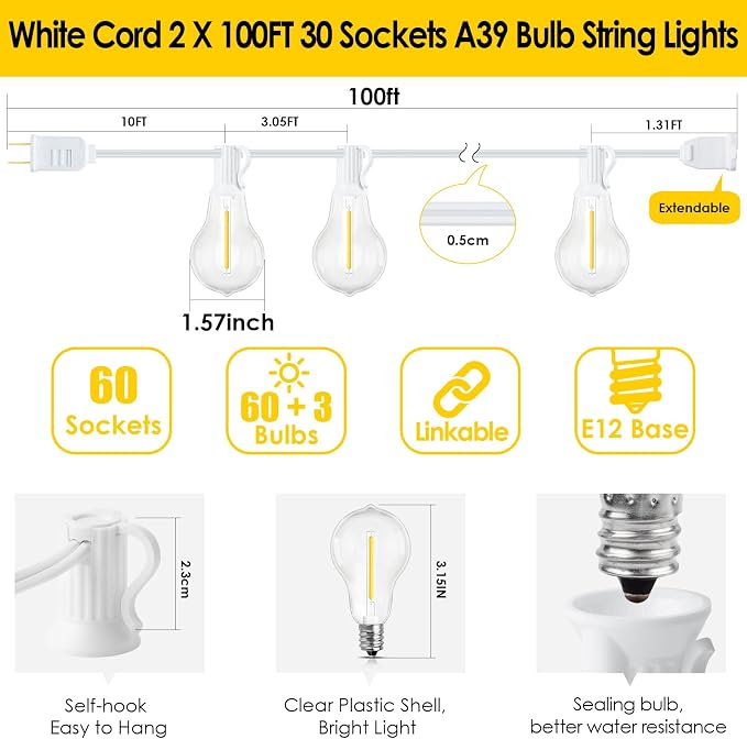 200FT(2x100FT) Outdoor String Lights, 63 A39 Edison Bulbs, White | Plug in, Dimmer not included, Waterproof, Shatterproof, Extendable, LED Hanging Lamp for Christmas Party Tree Decor