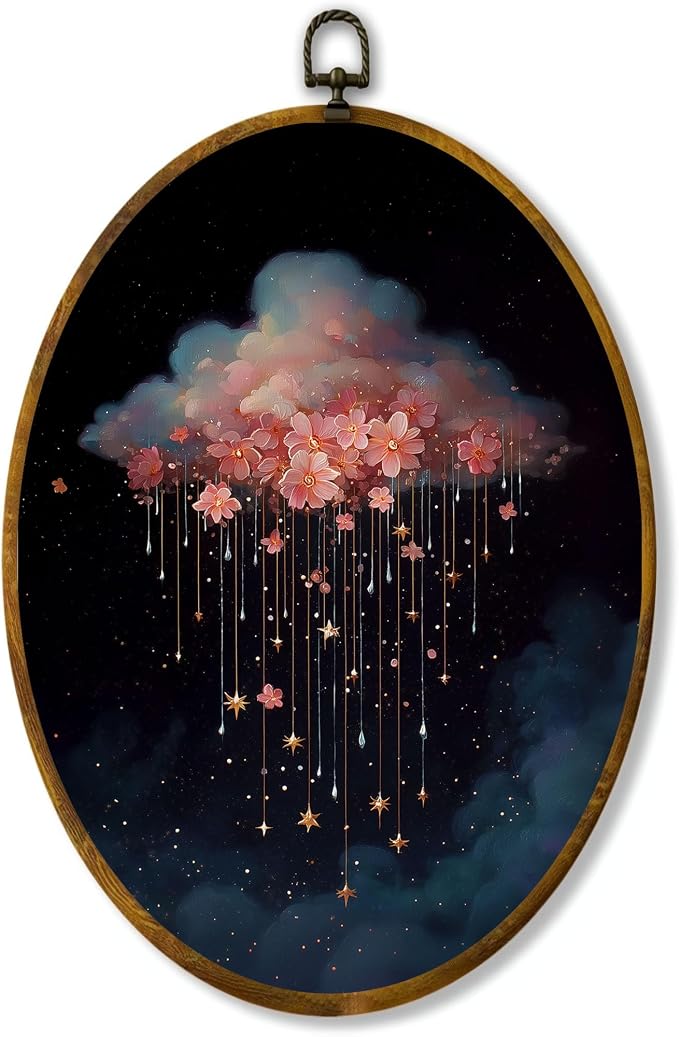 zewepri Floral Cloud Oval Wall Art, Starry Pink Rain Canvas Decor, 8.5x11.5 | Magical pink floral cloud with golden stars adds dreamy charm to nursery, bedroom, bathroom, living room, or gallery wall