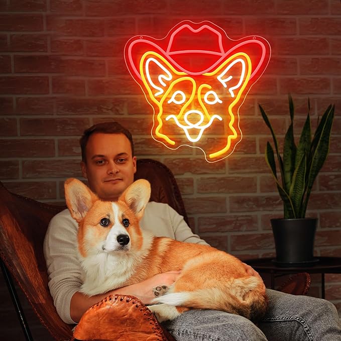 Corgi Neon Signs for Wall Decor, Cute Dog Neon Sign Dimmable Cowboy Hat Neon Light Sign for Pet Shop Bedroom Party Decor, Animal LED Light Up Sign for Birthday Christmas Gifts Boys Girls