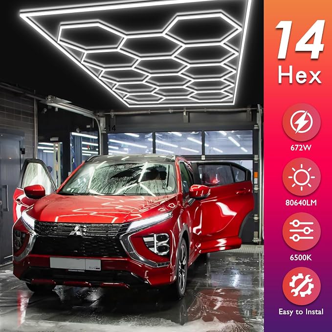 Hexagon Garage Lights Honeycomb LED Hex Light, 672W, 80640LM, 6500K Super Bright, 14 Grid Systems Car Detailing Lights with Rectangular Frame for Garage Warehouse Workshop Basement Gym