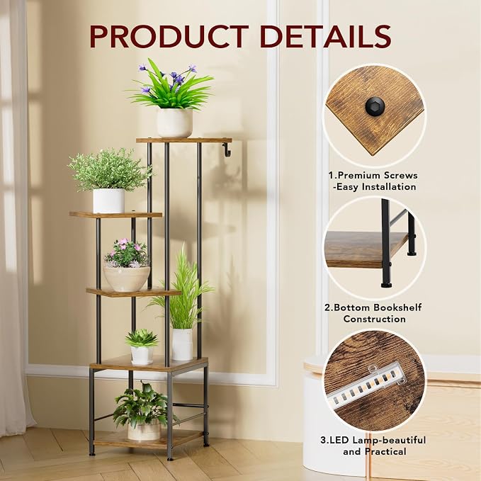 Plant Stand Indoor with Grow Light - 5-Tier Metal Plant Shelf with Hanging Basket Hook, Corner Tall Flower Holder for Multiple Plants, Living Room Balcony Garden Patio, Rustic Brown