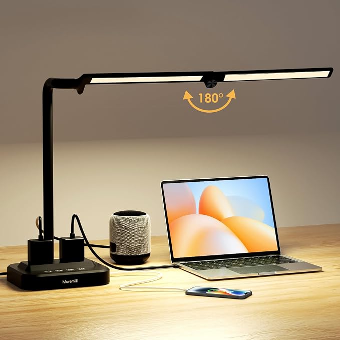 LED Desk Lamp for Home Office: Desk Light Double Head Adjustable with Power Strip 2 AC Outlets, USB-C USB-A Charging Ports Surge Protection, Foldable Table Lamp for College Dorm Room Essentials