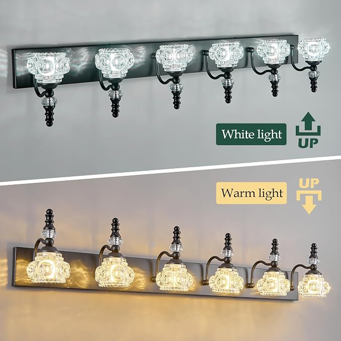 Modern Crystal Bathroom Vanity Light Black Vintage Bathroom Light Fixtures 6-Lights Glass Crystal Vanity Lights
