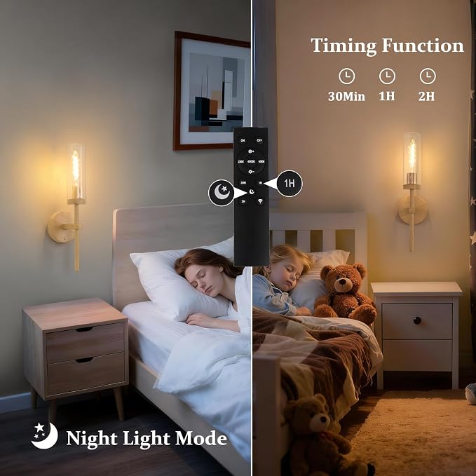 Shenmoyl Battery Operated Wall Sconces Set of 2, Beech Color Rechargeable Wall Lighting Fixtures, Dimmable Wall Lights with Remote & Clear Glass Shade for Living Room, Bathroom,Bedroom