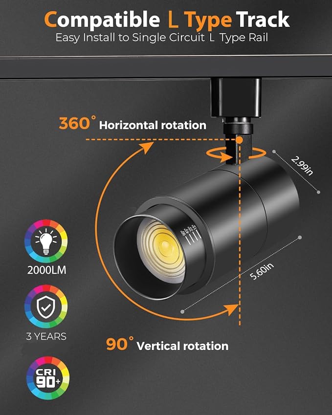 L Type Track Lighting Heads 20W, 3-Color Zoomable, 4 Pack, Black | Dimmable | 3000K 4000K 5000K Selectable | Beam Angle Adjustable LED Track Light Heads | 2000lm Bright