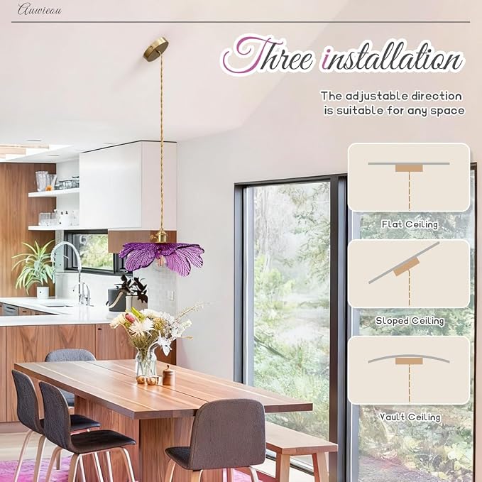 Modern Pendant Light for Dining Room, Purple Glass Leaf Shade | Mid Century Pendant Lights For Ceiling, Brass E26 Base, Gold Hanging Lamp Adjustable Height Vintage kitchen island Lighting