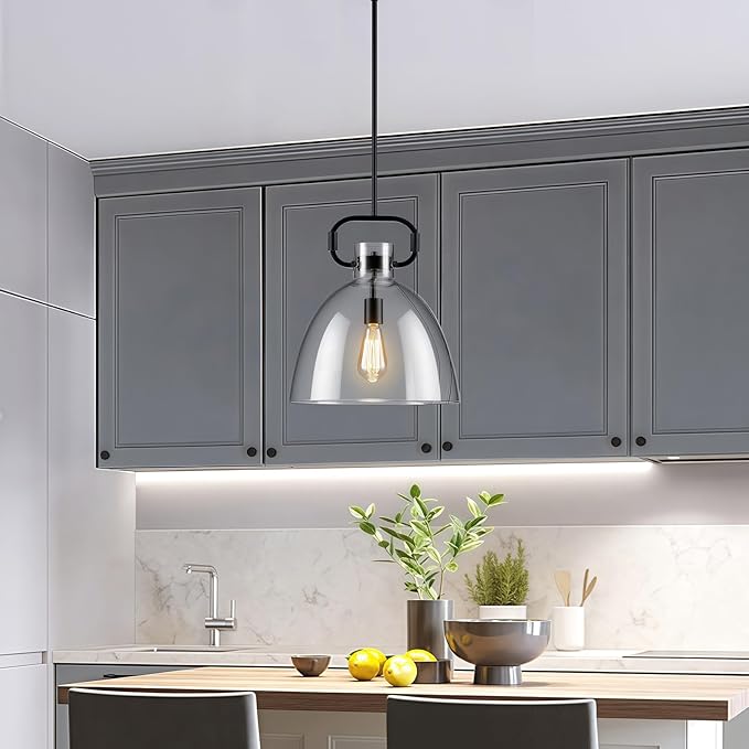 14'' Large Black Pendant Lights Kitchen Island, 1-Light Farmhouses Pendant Lighting Fixture, Adjustable Cord Modern Glass Island Light for Kitchen Bedroom Dining Room, E26