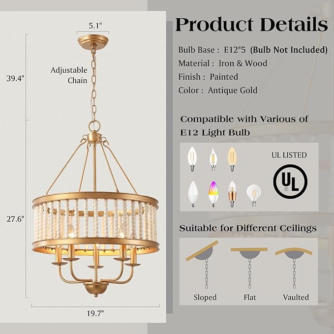Farmhouse Chandeliers for Entryway Dining Room 5-Light Drum Pendant Chandelier Boho Wood Beaded Vintage Handmade Distressed Chandelier Retro Antique Gold Lighting Fixtures Hanging W19.7