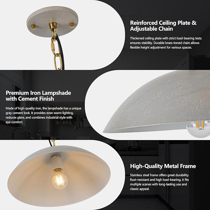 16" Pendant Lights Kitchen Island, Modern Large Pendant Light,Cement Gray Dome Pendant Lights for Kitchen Living Room Dining Room Bedroom Café