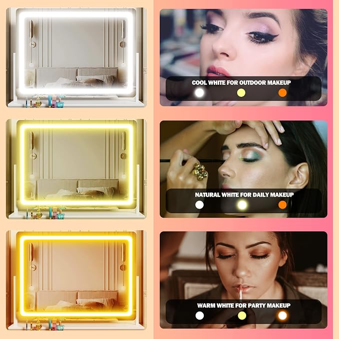 Gvnkvn Lighted Makeup Mirror, 17.3"x13" Hollywood Vanity Mirror with Led Lights, Three Color Lighting Modes, and 5X Magnification Mirror, Smart Touch Control, 360°Rotation(Round Corner)