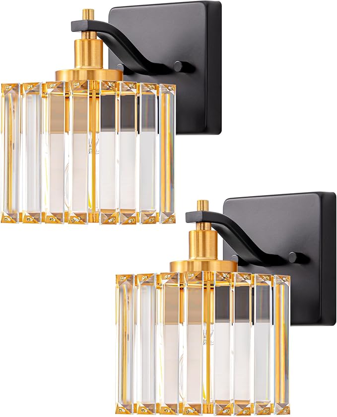 EDISHINE Black Gold Bathroom Vanity Light Fixtures with Crystal Shade, E26 | Set of Two, 1-Light, Up Down Mounting, Wall Sconces for Bathroom, Powder Room, Dressing Areas
