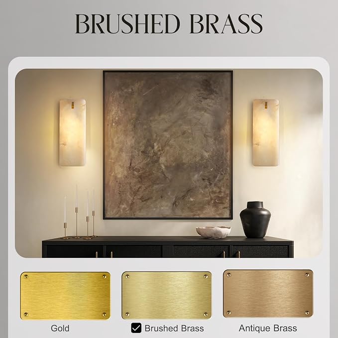 12 Inch Alabaster Wall Sconce, Natural Spanish Stone Brass Gold Wall Light, Modern Marble Sconces Dimmable E12 Hardwired Rectangular Vanity Light Fixture for Bathroom Mirror, Hallway Corridor(1 Pcs)