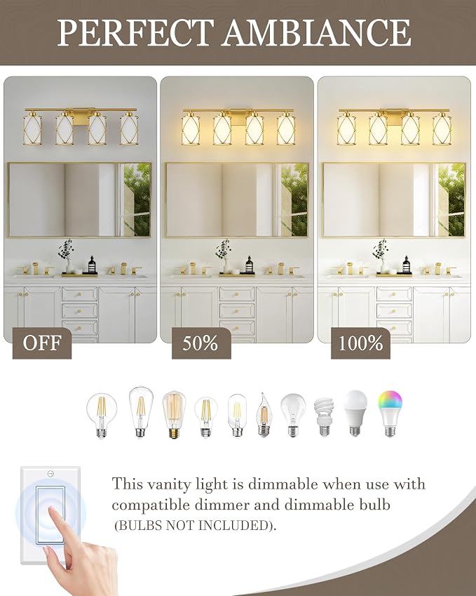 4-Light Brushed Gold Bathroom Light Fixtures with Milk Frosted Glass, 29" Modern Bathroom Vanity Lighting Fixtures Over Mirror with Metal Cage, Wall Sconce Lights for Bath, E26, CH9176BGW-4W