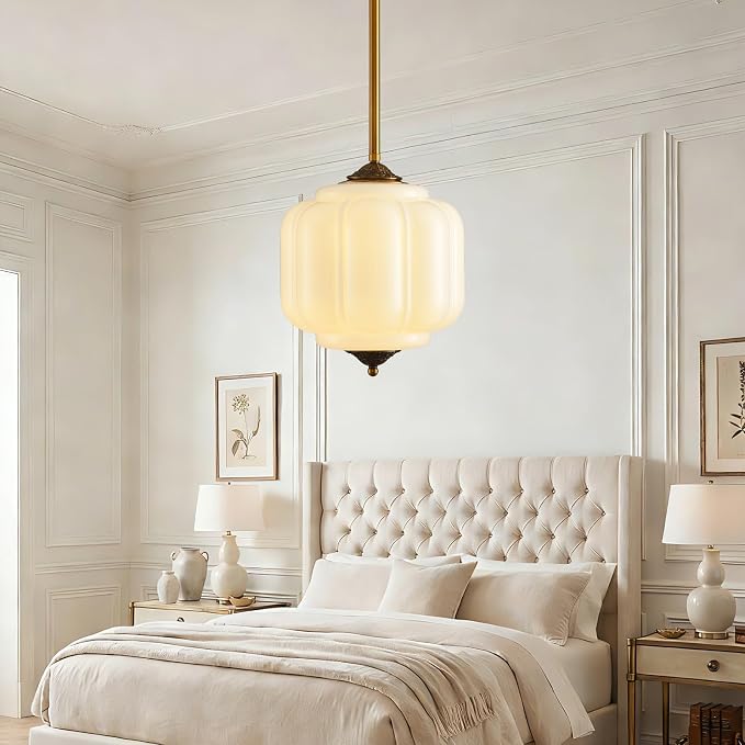 LOUSACE 10 Inch Vintage Milk Glass Ceiling Light Fixture, Semi Flush Mount Pendant Light with White Glass Shade, Ceiling Light for Kitchen Hallway Dining Room Bedroom (Bulb Included)