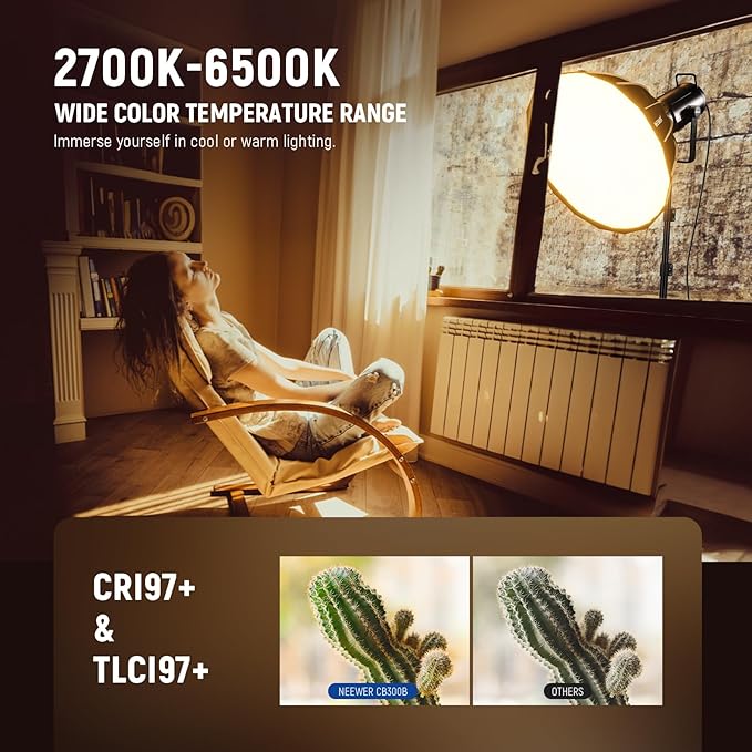 NEEWER CB300B 320W LED Video Light with 2.4G/APP Remote Control, All Metal Bi Color COB Continuous Output Lighting with Bowens Mount 150000lux/1m 2700K-6500K CRI/TLCI97+ 12 Effects for Video Recording