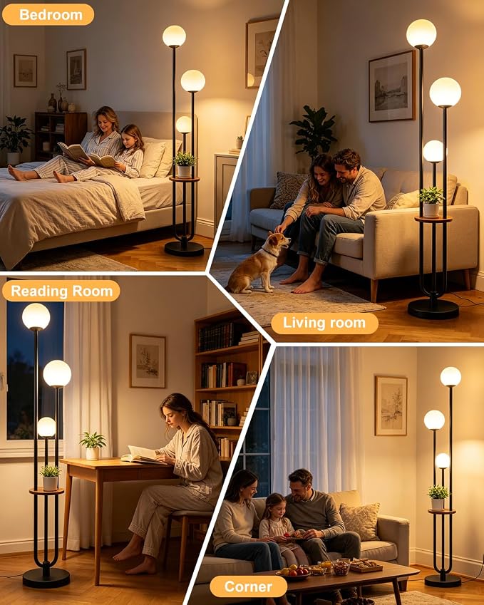 63IN Black Floor Lamp with Shelf Mid Century Modern Tall Standing Lamps with 3000K Warm White Bulb Included Dimmable Globe Floor Lamp with 5Lbs Heavy Base for Living Room/Bedroom/Home Decor