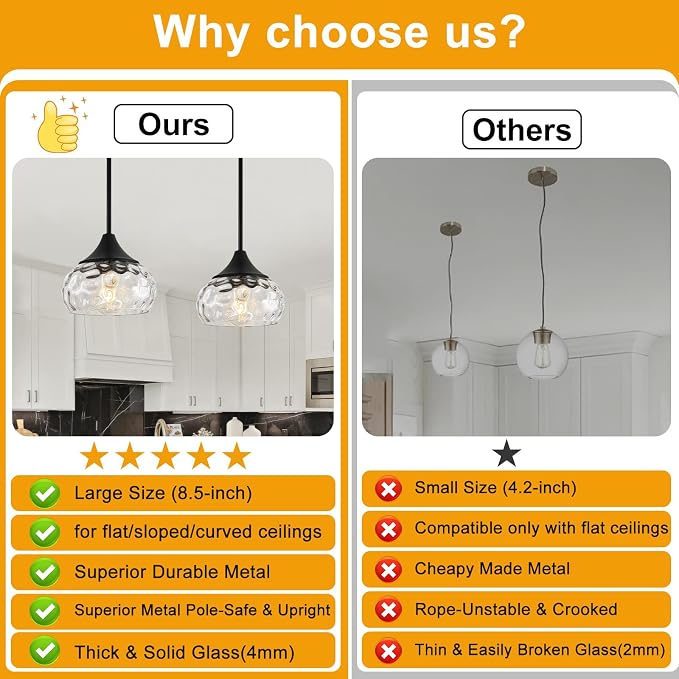 2 Pack Modern Pendant Lights Kitchen Island, Matte Black Pendant Light Fixtures with 8.5" Clear Hammered Glass Shade, Industrial Hanging Pendant Lights Fixture for Kitchen Island Dining Room Entryway