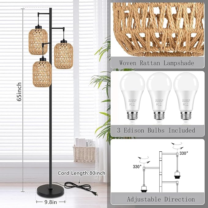 QIYIZM Floor Lamp for Living Room,Bedroom,Boho Rattan Tree 3 Lights Farmhouse Floor Lights,Industrial Black Standing Lamp Wicker Rustic Tall Lamp,Woven Bamboo LampShade Floor Lamps Bohemian