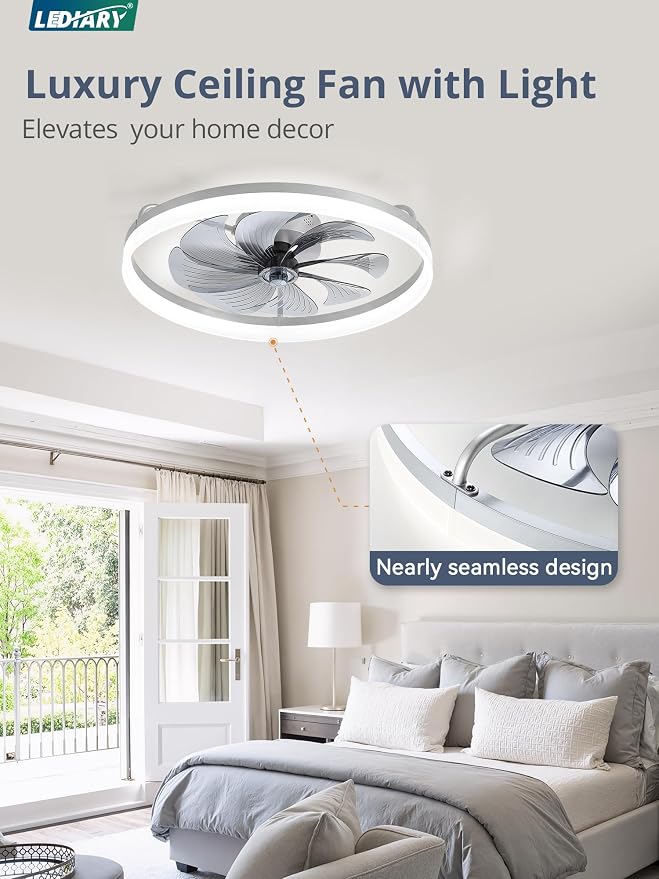 LEDIARY 23" Low Profile Ceiling Fans with Lights, APP & Remote, Grey | Flush Mount, Dimmable LED, Quiet DC Motor, Reversible, 6 Speeds, Fandelier, for Bedroom