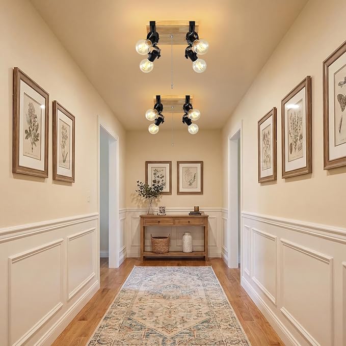 Farmhouse Flush Mount Ceiling Light with Pull Chain,4-Light Directional Ceiling Spotlight Rustic Track Light Kits, Wood Pull String Light Fixtures for Kitchen Bathroom Bedroom Hallway