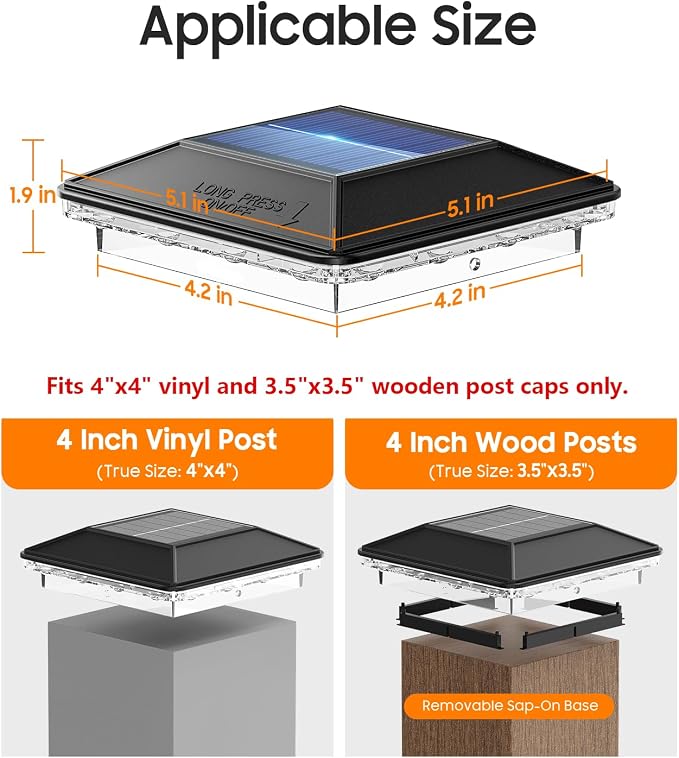 2 Pack 4x4 Solar Post Cap Lights Outdoor, 3 Lighting Modes Fence Post Solar Lights, Waterproof Focused Lens Deck Fence Post Cap Lights Solar Powered for 4x4 Wooden/Vinyl Posts in Deck Railing
