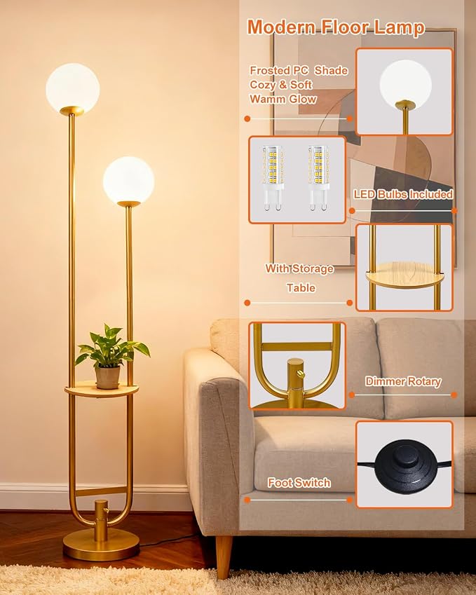 Lightdot 63IN Gold Floor Lamp with Table 2 Globe Mid Century Standing Lamps with 3000K LED Bulbs Unique U-Pole Vintage Floor Lamp with 5Lbs Heavy Base for Living Room/Party/Sofa Beside/Corner Decor