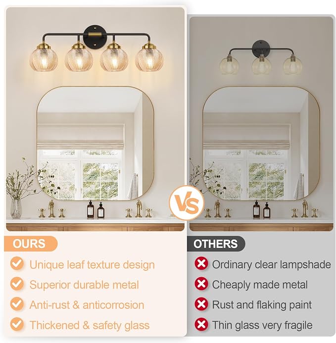 MOKATNG Bathroom Light Fixtures, 4-Light Amber Vanity Lights with Unique Leaf Texture Glass Shade, Modern Matte Black and Gold Bathroom Wall Lamp for Mirror Hallway Cabinet Living Room