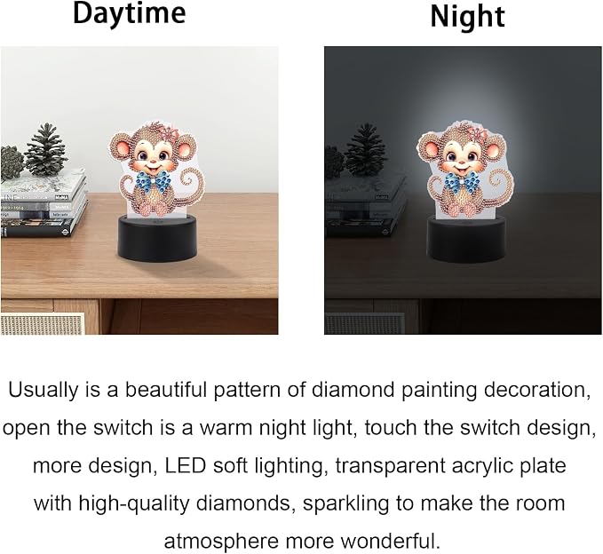 JISHSHAY Diamond Painting Night Light Diamond Art Table Lamps Gem Art LED Lights Gem Painting Desk Lamp Mosaic Kits for Adults DIY Kits for Adults Paint by Numbers,with Special Shaped Crystal,Monkey
