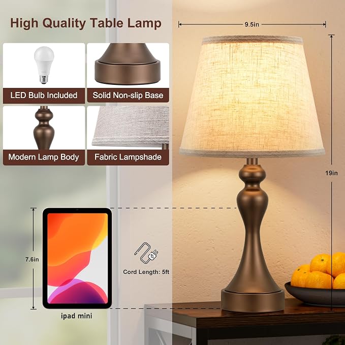 Touch Lamps for Nightstand, 3 Way Dimmable Bedside Lamps with USB C+A Ports | Touch Control, LED Bulb Included, Small Brown Table Lamp for Bedroom, Night Stands, End Table, Gift，Corded，Beige Shade