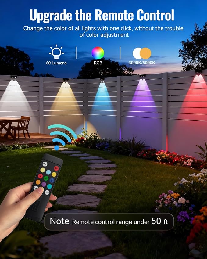 Solar Fence Lights Outdoor with Remote 8 Pack, Warm/Cool White & RGB 12 Modes, Deck Lights Solar Powered Waterproof, Led Backyard Lights for Step Stairs Railing Balcony Patio Decor