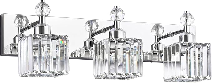 PRESDE Crystal 3-Light Vanity Light for Bathroom，Chrom Modern Bathroom Lights Fixtures Over Mirror