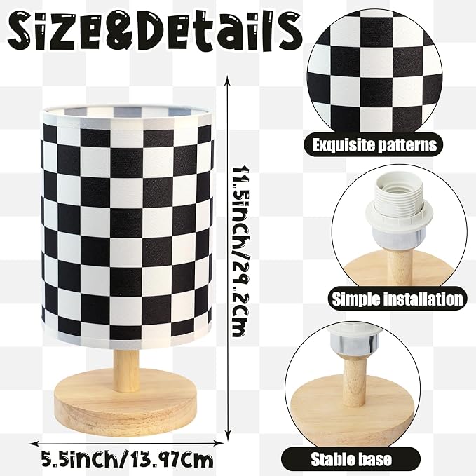 Checkered Bedside Lamp for Boys' Bedroom Kids, Bedside Lamp with Linen Wooden Nightstand, Checkered Lampshade Nursery Decor