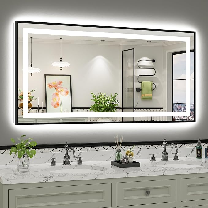 60x30 Inch LED Bathroom Mirror with Black Frame, Backlit & Front Lit | Anti-fog, 3 Color Dimmable, Memory Function, HD Reflection Tempered Glass, ETL Listed, IP54 Waterproof