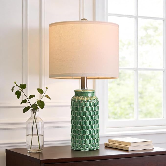 USumkky 20.5" Ceramic Table Lamps Set of 2 - Modern Farmhouse & Boho Style, Bedside Nightstand Lamps for Bedroom, Living Room End Table Lamps, Small Desk Lamp(Green)