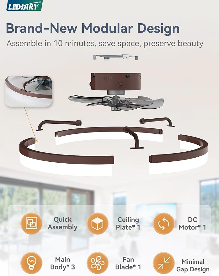 LEDIARY 20" Low Profile Ceiling Fans with Lights, APP & Remote, Brown | Flush Mount, Dimmable LED, Quiet DC Motor, Reversible, 6 Speeds, Fandelier, for Bedroom