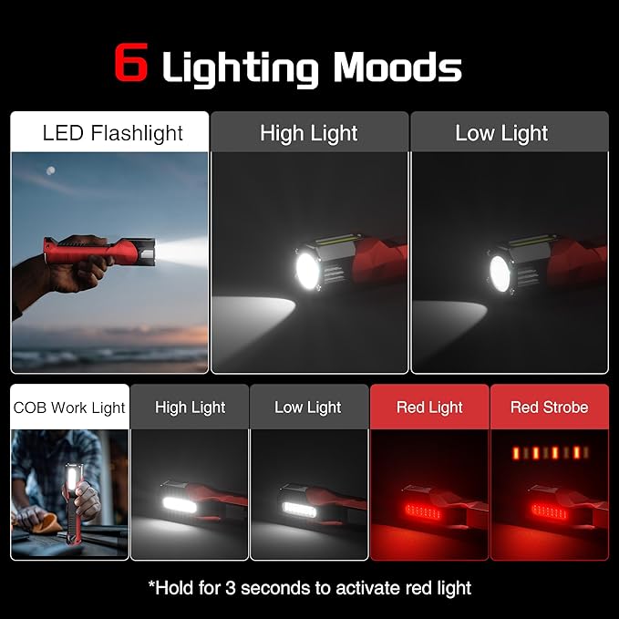 Anhay Rechargeable Work Light, 1200 Lumens LED Work Lights with 160° Swivel Head, Magnetic Base & Hooks, 6 Lighting Modes Magnetic Work Light for Car Repairs, Emergencies (2)