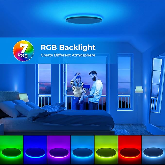 RGB LED Flush Mount Ceiling Light with Remote, 12 Inch Color Changing Light Fixture Dimmable 3000K-6500K, 24W Thin Round Ceiling Light for Bedroom Kids Room Living Room