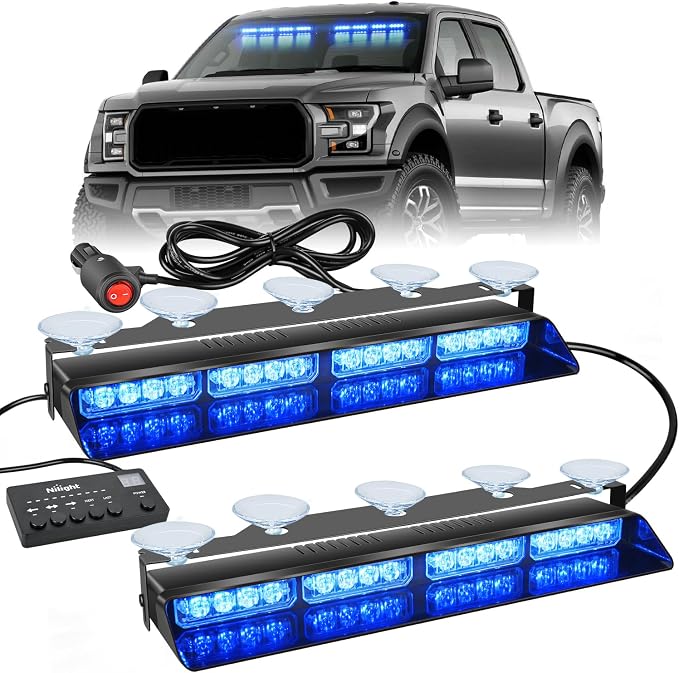 Nilight 32LED Blue Emergency Dash Strobe Lights w/Controller Suction Cups | Warning Hazard Interior Front/Rear Windshield Deck Split Light Bar for Trucks Construction Vehicles