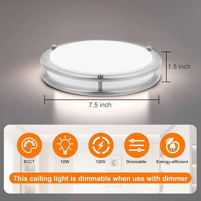 2 Pack 7.5 Inch Round Brushed Nickel Ceiling Light Fixture - Flush Mount LED Ceiling Lamp Set of Two 2700K/3000K/3500K/4000K/5000K Adjustable Brushed Nickel Bathroom LED Light for Bedroom 12W