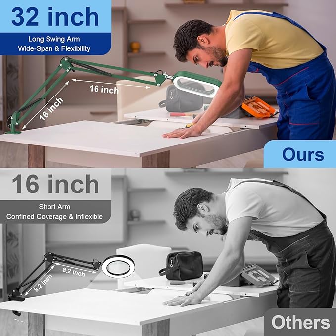 10X Extra Long Magnifying Glass with Light and Clamp, Real Glass, 5 Color Modes, Stepless Dimmable, Dual 16-inch Swing Arm, Lighted Magnifier Hands Free for Close Work, Craft, Reading, Painting, Blue