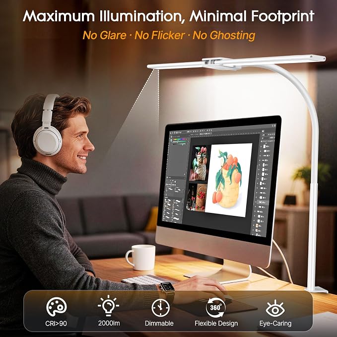 Syrinx LED Desk Lamp, Dual Head Desk Light with Clamp, Eye-Care Table Lamp | Flexible Gooseneck Task Light with Motion Sensor, Wired Control, 50 Lighting Modes, Timer & Memory Function for Home Office