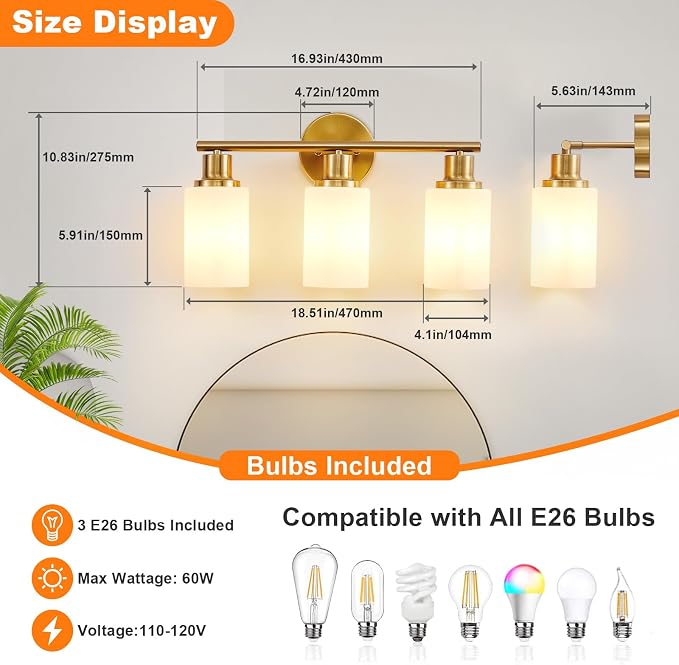 DLLT 3-Light Bathroom Light Fixtures: Gold Modern Vanity Lights with E26 Bulbs - Milky White Glass Shade Bathroom Wall Lamp for Mirror Kitchen Living Room Hallway Cabinet Porch