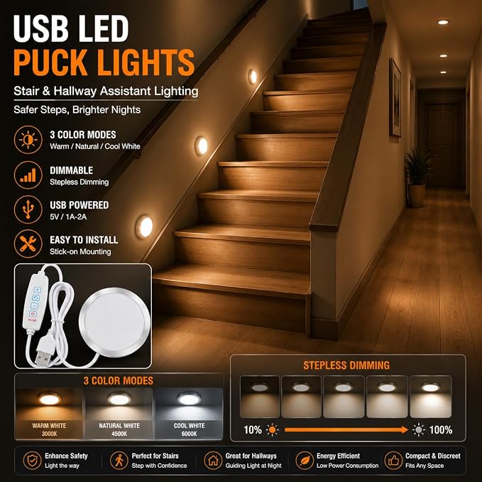 USB LED Puck Light, Dimmable 3 Color temperatures under cabinet (1Pack) | Dimmable, 3 Color Temperatures, Inline Switch, Lighting Setup Memory, Under Cabinet, USB DC 5V, 78.74in Long Cable