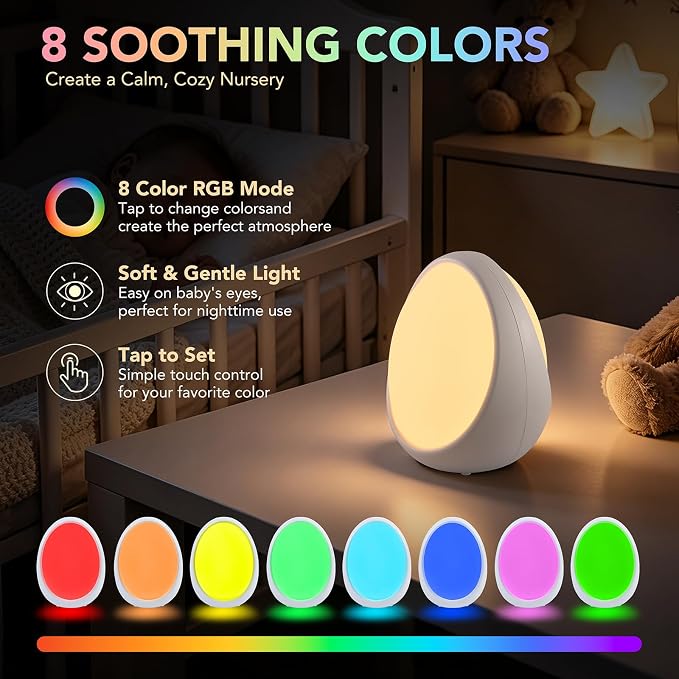 Egg Light for Kids Nursery, Rechargeable Baby Night Light with No Flashing Blue Indicator, 1800mAh Battery, Battery-Saving Bypass Power, Touch Control, RGB Light, Timer & Memory