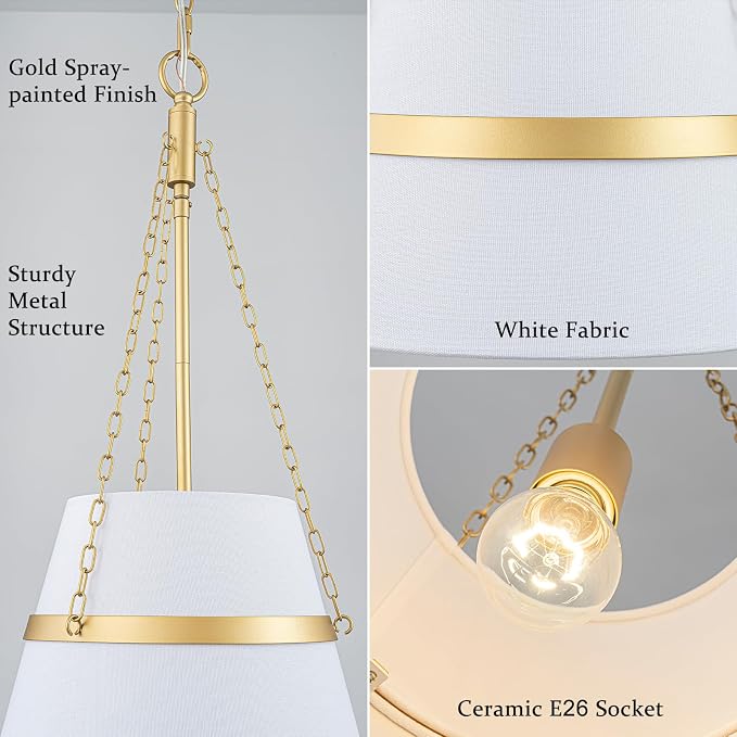 11.4" Gold Drum Pendant Light for Kitchen Island, White Linen Fabric Shade | Modern Transitional, Cone Shape, 3 Side Chains, 1-Light, Breakfast Nook, Reading Corner, Adjustable Height 11.42"W x 23.82"H