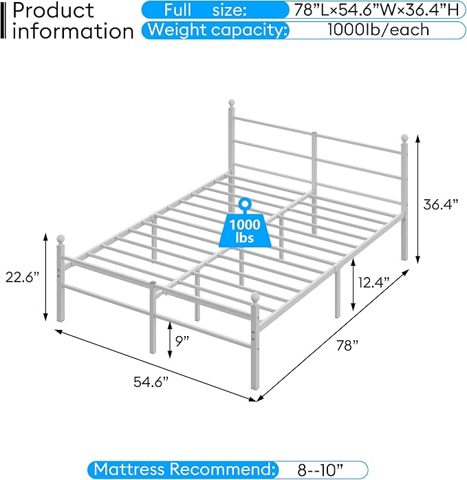 Full Size Bed Frame with Headboard - Metal Platform Bed with LED Lights, Charging Station, Under Bed Storage and Heavy Duty Steel Slats Support - No Box Spring Needed, Easy Assembly, White