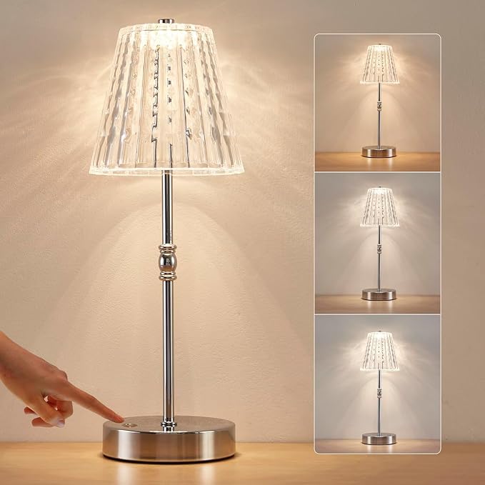 Cordless Crystal Lamp Battery Operated Touch Dimming 5000mAh Table Lamps | 3 Colors Modes, Rechargeable LED, Sepless Dimming, Night Light for Bedroom, Kitchen, Bar, Office