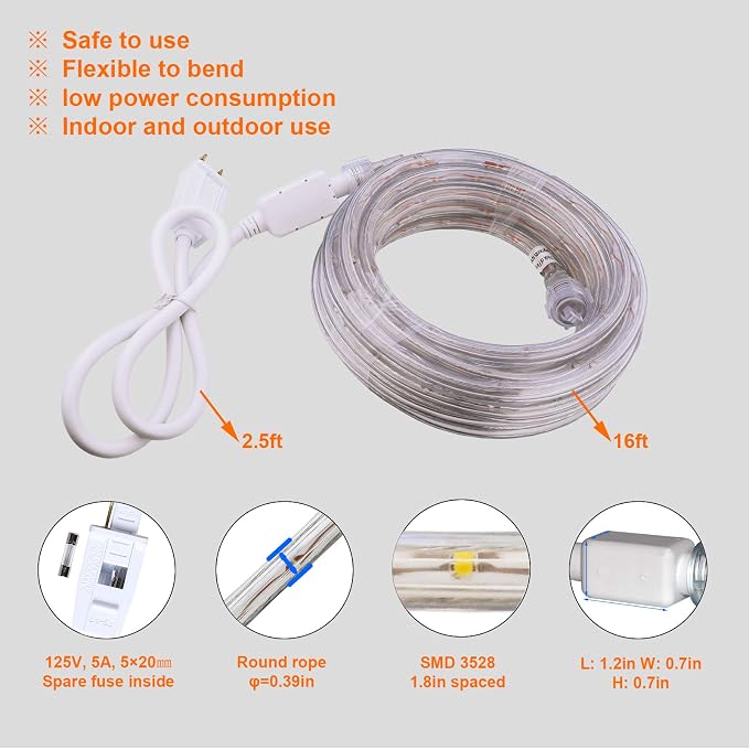 16ft Nature White Rope Light ETL Waterproof | Connectable up to 12 strips. 50,000hr lifespan. Indoor/outdoor mood lighting. Home, patio, party, Christmas decor.